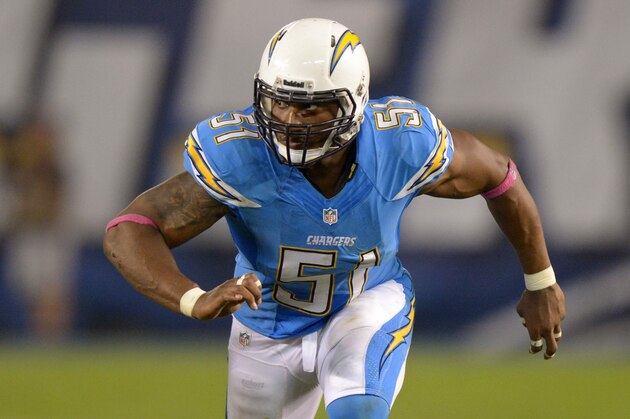 Oct 14, 2013; San Diego, CA, USA; San Diego Chargers linebacker Larry English (51) during the game against the Indianapolis Colts at Qualcomm Stadium. The Chargers defeated the Colts 19-9. Mandatory Credit: Kirby Lee-USA TODAY Sports