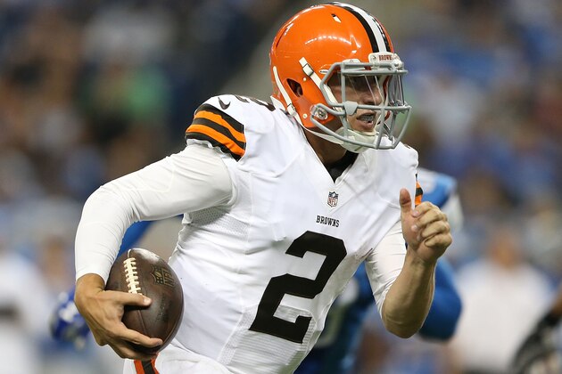 DETROIT, MI - AUGUST 09:  Johnny Manziel #2 of the Cleveland Browns runs for a 16 yard gain during the third quarter the preseason game against the Detroit Lions at Ford Field on August 9, 2014 in Detroit, Michigan. The Lions defeated the Browns 13-12 in a preseason game.  (Photo by Leon Halip/Getty Images)
