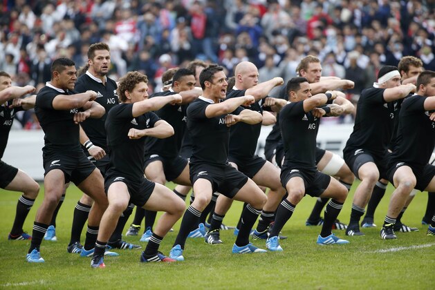 New Zealand All Blacks perform the haka, a traditional Maori challenge, before their rugby friendly match against Japan in Tokyo, Saturday, Nov. 2, 2013. (AP Photo/Koji Sasahara)
