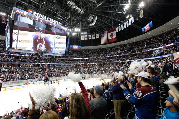 DENVER, CO - APRIL 17: Fans of the Colorado Avalanche cheer after a goal against the Minnesota Wild in Game One of the First Round of the 2014 Stanley Cup Playoffs at the Pepsi Center on April 17, 2014 in Denver, Colorado.  (Photo by Michael Martin/NHLI via Getty Images)