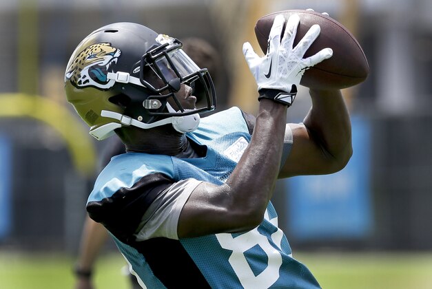 Jacksonville Jaguars receiver Allen Hurns catches a pass during an NFL organized team activities football practice in  in Jacksonville, Fla., Monday, June 2, 2014. (AP Photo/John Raoux)