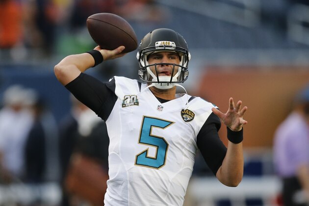 Jacksonville Jaguars quarterback Blake Bortles (5) passes during warmups before an NFL preseason football game against the against the Chicago Bears in Chicago, Thursday, Aug. 14, 2014. (AP Photo/Charles Rex Arbogast) Jacksonville Jaguars quarterback Blake Bortles (5) passes during warmups before an NFL preseason football game against the against the Chicago Bears in Chicago, Thursday, Aug. 14, 2014. (AP Photo/Charles Rex Arbogast)
