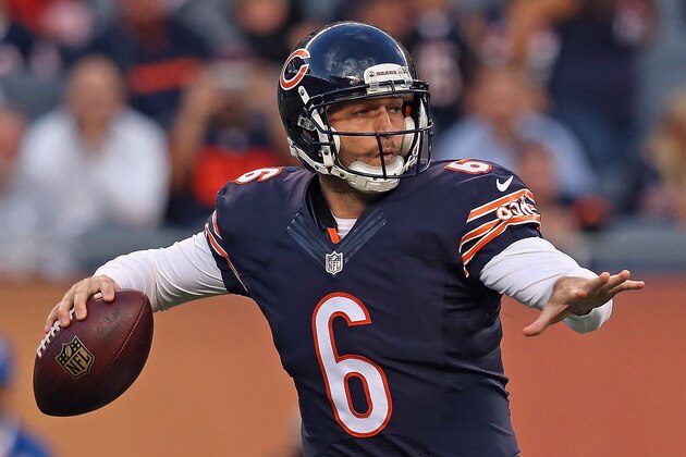 CHICAGO, IL - AUGUST 14:  Jay Cutler #6 of the Chicago Bears looks for a receiver during the first quarter of their preseason agame against the Jacksonville Jaguars at Soldier Field on August 14, 2014 in Chicago, Illinois. (Photo by Jonathan Daniel/Getty Images)