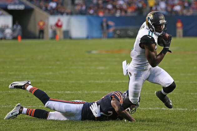 CHICAGO, IL - AUGUST 14: Marqise Lee #11 of the Jacksonville Jaguars breaks away from Kelvin Hayden #24 of the Chicago Bears for a touchdown during the first quarter of a preseason game at Soldier Field on August 14, 2014 in Chicago, Illinois. (Photo by Jonathan Daniel/Getty Images) CHICAGO, IL - AUGUST 14: Marqise Lee #11 of the Jacksonville Jaguars breaks away from Kelvin Hayden #24 of the Chicago Bears for a touchdown during the first quarter of a preseason game at Soldier Field on August 14, 2014 in Chicago, Illinois. (Photo by Jonathan Daniel/Getty Images)