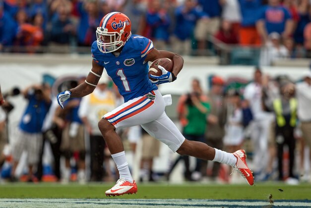 Nov 2, 2013; Jacksonville, FL, USA; Florida Gators wide receiver Quinton Dunbar (1) rushes during the first half of the game against the Georgia Bulldogs at EverBank Field. Mandatory Credit: Rob Foldy-USA TODAY Sports
