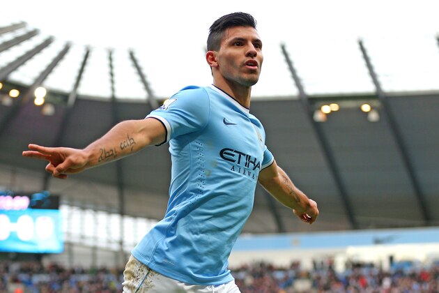 MANCHESTER, ENGLAND - DECEMBER 14:  Sergio Aguero of Manchester City celebrates after scoring the opening goal during the Barclays Premier League match between Manchester City and Arsenal at Etihad Stadium on December 14, 2013 in Manchester, England.  (Photo by Clive Brunskill/Getty Images)