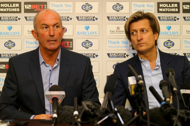 LONDON, ENGLAND - NOVEMBER 25:  Tony Pulis speaks as Chairman Steve Parish looks on during a press conference after being unveiled as the new Crystal Palace Manager on November 25, 2013 in London, England.  (Photo by Clive Rose/Getty Images)