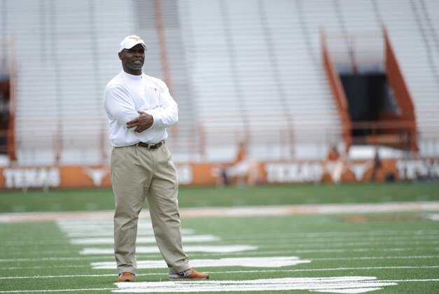 Apr 19, 2014; Austin, TX, USA; Texas Longhorns head coach Charlie Strong watches play during the Spring Game at Texas Memorial Stadium. Mandatory Credit: Brendan Maloney-USA TODAY Sports