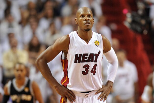 Jun 10, 2014; Miami, FL, USA; Miami Heat guard Ray Allen (34) reacts during the fourth quarter of game three of the 2014 NBA Finals against the San Antonio Spurs at American Airlines Arena. Mandatory Credit: Steve Mitchell-USA TODAY Sports