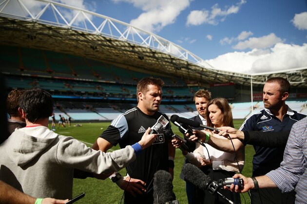 SYDNEY, AUSTRALIA - AUGUST 15:  Richie McCaw speaks to the media during a New Zealand All Blacks Captain's Run at ANZ Stadium on August 15, 2014 in Sydney, Australia.  (Photo by Matt King/Getty Images)