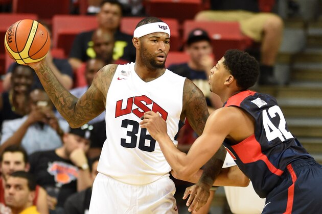 LAS VEGAS, NV - AUGUST 01:  DeMarcus Cousins #36 of the 2014 USA Basketball Men's National Team is guarded by Anthony Davis #42 of the 2014 USA Basketball Men's National Team during a USA Basketball showcase at the Thomas & Mack Center on August 1, 2014 in Las Vegas, Nevada.  (Photo by Ethan Miller/Getty Images)
