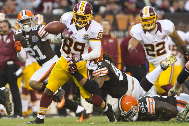 CLEVELAND, OH - DECEMBER 16: Wide receiver Santana Moss #89 of the Washington Redskins fumbles the ball during the second half against the Cleveland Browns at Cleveland Browns Stadium on December 16, 2012 in Cleveland, Ohio. The Redskins defeated the Browns 38-21. (Photo by Jason Miller/Getty Images) CLEVELAND, OH - DECEMBER 16: Wide receiver Santana Moss #89 of the Washington Redskins fumbles the ball during the second half against the Cleveland Browns at Cleveland Browns Stadium on December 16, 2012 in Cleveland, Ohio. The Redskins defeated the Browns 38-21. (Photo by Jason Miller/Getty Images)