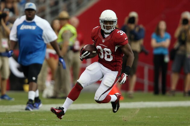 GLENDALE, AZ - SEPTEMBER 15:  Running back Andre Ellington #38 of the Arizona Cardinals carries the ball against the Detroit Lions at University of Phoenix Stadium on September 15, 2013 in Glendale, Arizona.  (Photo by Jeff Gross/Getty Images)