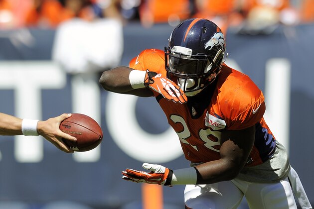 Denver Broncos running back Montee Ball takes a handoff before the start of the NFL Broncos Summer Scrimmage at Sports Authority Field at Mile High on Saturday, Aug. 2, 2014, in Denver. (AP Photo/Chris Schneider)