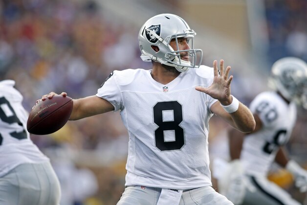 Aug 8, 2014; Minneapolis, MN, USA; Oakland Raiders quarterback Matt Schaub (8) passes against the Minnesota Vikings in the first quarter at TCF Bank Stadium. Mandatory Credit: Bruce Kluckhohn-USA TODAY Sports