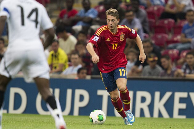 Spain's Gerard Deulofeu during the Under-20 World Cup Group A soccer match between Spain and Ghana in Istanbul, Turkey, Monday, June 24, 2013. (AP Photo/Gero Breloer)