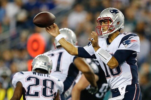 FOXBORO, MA - AUGUST 15: Jimmy Garoppolo #10 of the New England Patriots throws against the Philadelphia Eagles  in the second quarter Gillette Stadium on August 15, 2014 in Foxboro, Massachusetts. (Photo by Jim Rogash/Getty Images)