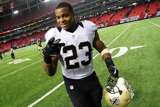 ATLANTA, GA - NOVEMBER 21: Pierre Thomas #23 of the New Orleans Saints celebrates after the game against the Atlanta Falcons at the Georgia Dome on November 21, 2013 in Atlanta, Georgia. (Photo by Scott Cunningham/Getty Images)