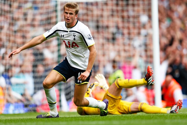 LONDON, ENGLAND - AUGUST 16: Eric Dier of Spurs turns away to celebrate after scoring the match winning goal past Adrian of West Ham during the Barclays Premier League match between West Ham United and Tottenham Hotspur at Boleyn Ground on August 16, 2014 in London, England.  (Photo by Julian Finney/Getty Images)