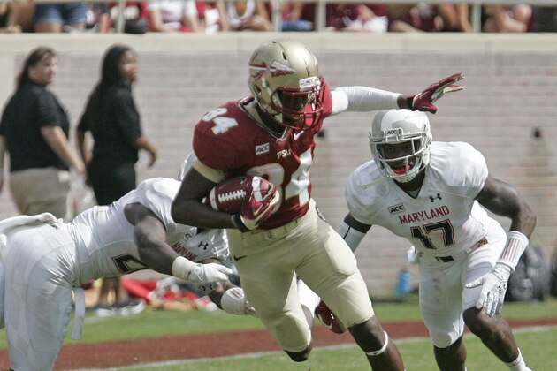 Florida State's Isaiah Jones tries to pick up extra yards after a reception against Maryland in the third quarter of an NCAA college football game on Saturday, Oct. 5, 2013, in Tallahassee, Fla. Florida State 63-0. (AP Photo/Steve Cannon)