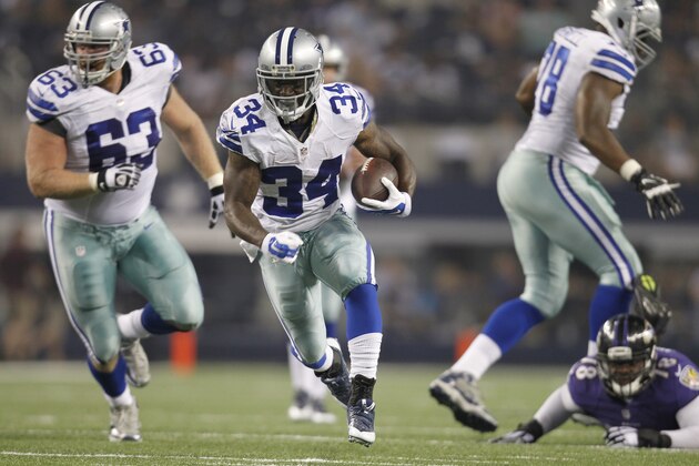 Dallas Cowboys running back Ryan Williams (34) carries the ball during the second half of an NFL preseason football game against the Baltimore Ravens Saturday, Aug. 16, 2014, in Arlington, Texas. (AP Photo/Matt Strasen)