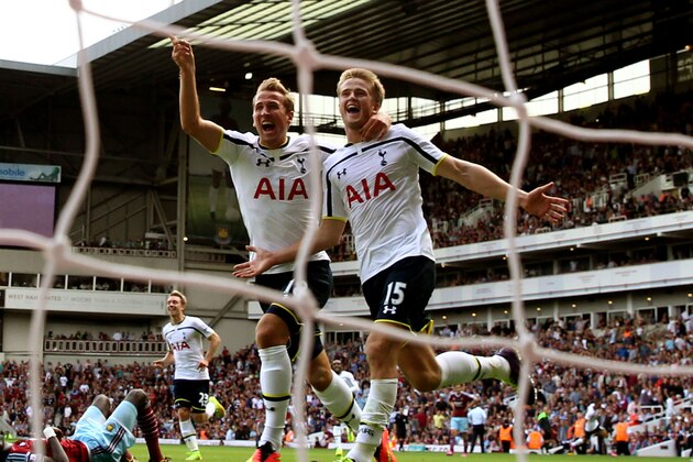 LONDON, ENGLAND - AUGUST 16:  Eric Dier #15 of Spurs celebrates with teammate Harry Kane #18 after scoring the match winning goal during the Barclays Premier League match between West Ham United and Tottenham Hotspur at Boleyn Ground on August 16, 2014 in London, England.  (Photo by Julian Finney/Getty Images)
