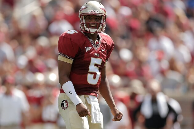 TALLAHASSEE, FL - APRIL 12:  Jameis Winston #5 of the Garnet team reacts to a pass against the Gold team during Florida State's Garnet and Gold spring game at Doak Campbell Stadium on April 12, 2014 in Tallahassee, Florida.  (Photo by Stacy Revere/Getty Images)