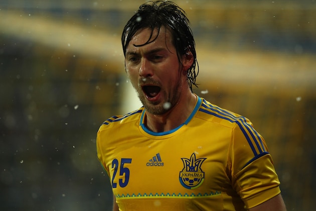 L'VIV, UKRAINE - NOVEMBER 15:  Artem Milevskiy of Ukraine celebrates scoring the opening goal during the International Friendly match between Ukraine and Austria at the Lviv Arena on November 15, 2011 in L'viv, Ukraine.  (Photo by Richard Heathcote/Getty Images)
