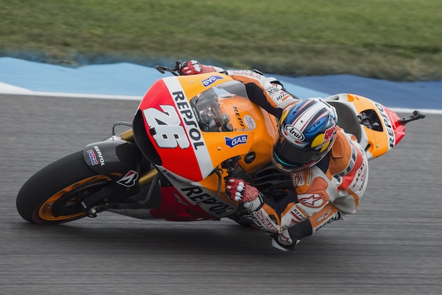 INDIANAPOLIS, IN - AUGUST 09:  Dani Pedrosa of Spain and Repsol Honda Team
 rounds the bend during the  MotoGp Red Bull U.S. Indianapolis Grand Prix - Qualifying at Indianapolis Motor Speedway on August 9, 2014 in Indianapolis, Indiana.  (Photo by Getty Images/Getty Images)