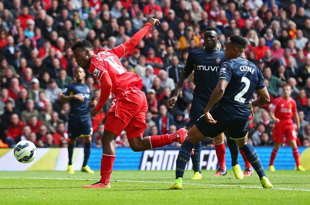 LIVERPOOL, ENGLAND - AUGUST 17:  Daniel Sturridge of Liverpool scores his goal during the Barclays Premier League match between Liverpool and Southampton at Anfield on August 17, 2014 in Liverpool, England.  (Photo by Alex Livesey/Getty Images)