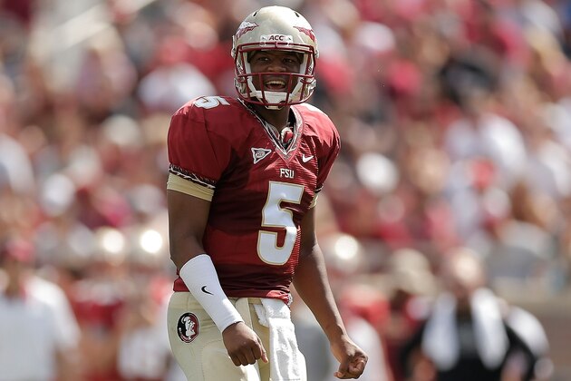 TALLAHASSEE, FL - APRIL 12:  Jameis Winston #5 of the Garnet team reacts to a pass against the Gold team during Florida State's Garnet and Gold spring game at Doak Campbell Stadium on April 12, 2014 in Tallahassee, Florida.  (Photo by Stacy Revere/Getty Images)