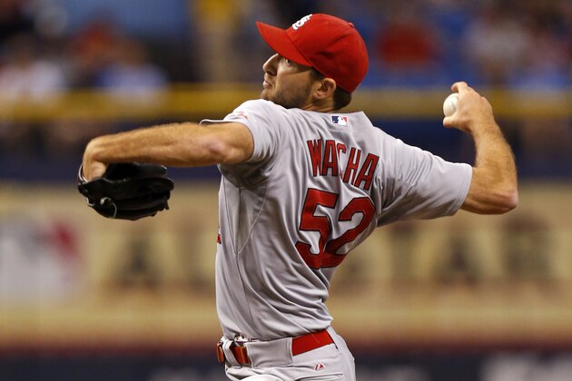 St. Louis Cardinals starting pitcher Michael Wacha throws during the first inning of a baseball game against the Tampa Bay Rays Wednesday, June 11, 2014, in St. Petersburg, Fla. (AP Photo/Mike Carlson)