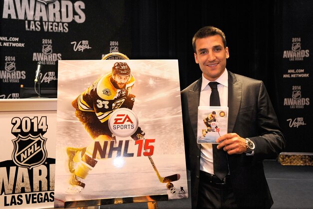 LAS VEGAS, NV - JUNE 24: Patrice Bergeron of the Boston Bruins poses for a photo after winning the EA Sports NHL15 cover vote during the 2014 NHL Awards at the Encore Theater at Wynn Las Vegas on June 24, 2014 in Las Vegas, Nevada. (Photo by Steve Ruark/NHLI via Getty Images) LAS VEGAS, NV - JUNE 24: Patrice Bergeron of the Boston Bruins poses for a photo after winning the EA Sports NHL15 cover vote during the 2014 NHL Awards at the Encore Theater at Wynn Las Vegas on June 24, 2014 in Las Vegas, Nevada. (Photo by Steve Ruark/NHLI via Getty Images)