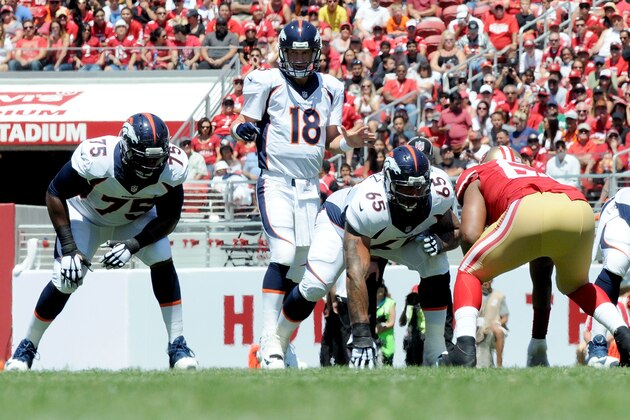 SANTA CLARA, CA - AUGUST 17: Quarterback Peyton Manning #18 of the Denver Broncos looks down field during a preseason game against the San Francisco 49ers at Levi's Stadium on August 17, 2014 in Santa Clara, California. (Photo by Noah Graham/Getty Images) SANTA CLARA, CA - AUGUST 17: Quarterback Peyton Manning #18 of the Denver Broncos looks down field during a preseason game against the San Francisco 49ers at Levi's Stadium on August 17, 2014 in Santa Clara, California. (Photo by Noah Graham/Getty Images)