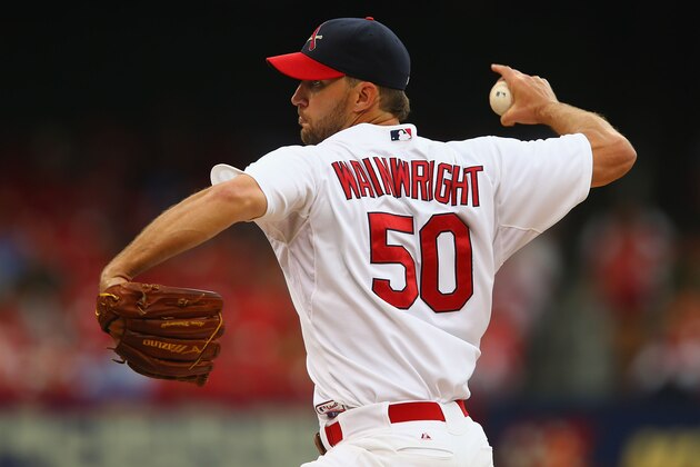 ST. LOUIS, MO - AUGUST 17: Starter Adam Wainwright #50 of the St. Louis Cardinals pitches against the San Diego Padres in the first inning at Busch Stadium on August 17, 2014 in St. Louis, Missouri.  (Photo by Dilip Vishwanat/Getty Images)