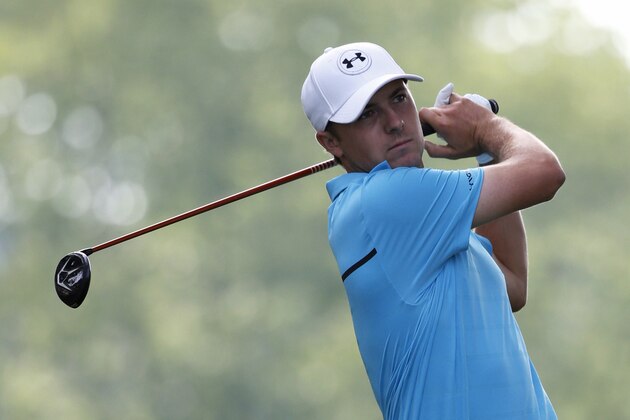 Jordan Spieth watches his tee shot  on the 12th hole during the first round of the PGA Championship golf tournament at Valhalla Golf Club on Thursday, Aug. 7, 2014, in Louisville, Ky. (AP Photo/Mike Groll)