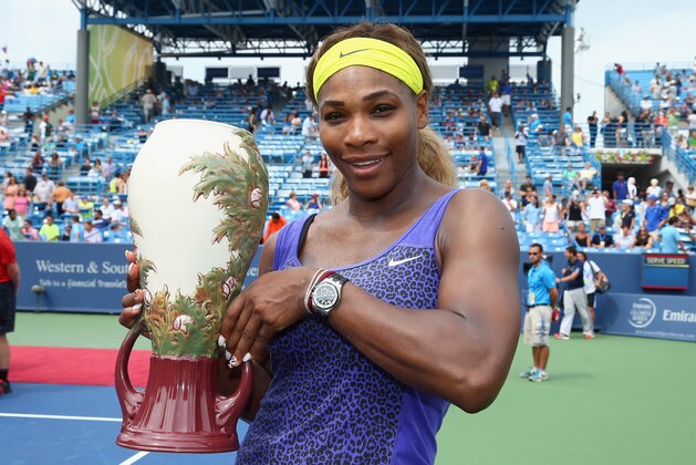 CINCINNATI, OH - AUGUST 17:  Serena Williams holds the winner's trophy after beating Ana Ivanovic of Serbia 6-4,6-1 during the finals of the Western & Southern Open  on August 17, 2014 at the Linder Family Tennis Center in Cincinnati,Ohio.  (Photo by Andy Lyons/Getty Images)