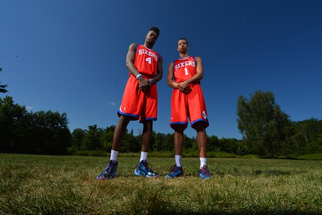 TARRYTOWN, NY - AUGUST 6: Nerlens Noel and Michael Carter-Williams of the Philadelphia 76ers poses for a portrait during the 2013 NBA Rookie Photo Shoot on August 6, 2013 at the MSG Training Facility in Tarrytown, New York. NOTE TO USER: User expressly acknowledges and agrees that, by downloading and/or using this photograph, user is consenting to the terms and conditions of the Getty Images License Agreement.  Mandatory Copyright Notice: Copyright 2013 NBAE (Photo by Jesse D. Garrabrant/NBAE via Getty Images)