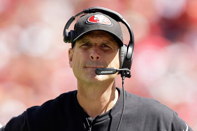 SANTA CLARA, CA - AUGUST 17:  Head coach Jim Harbaugh of the San Francisco 49ers looks on during a preseason game  against the Denver Broncos at Levi's Stadium on August 17, 2014 in Santa Clara, California.  (Photo by Ezra Shaw/Getty Images)