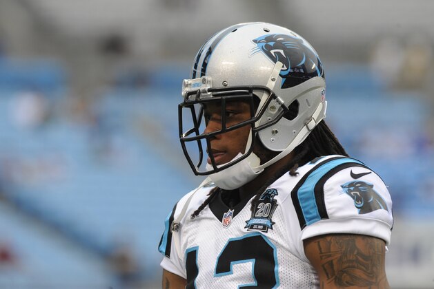 Aug 8, 2014; Charlotte, NC, USA; Carolina Panthers wide receiver Kelvin Benjamin (13) warms up before the game against the Buffalo Bills at Bank of America Stadium. Mandatory Credit: Sam Sharpe-USA TODAY Sports