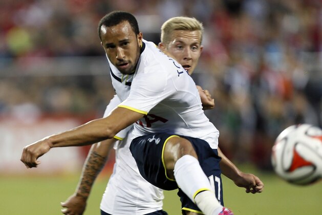 Jul 23, 2014; Toronto, Ontario, Canada; Tottenham Hotspur midfielder Andros Townsend (17) scores the winning goal on this shot against Toronto FC at BMO Field. Tottenham defeated Toronto 3-2. Mandatory Credit: John E. Sokolowski-USA TODAY Sports