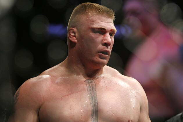 Brock Lesnar during his win over Randy Couture for the UFC World Heavyweight Mixed Martial Arts championship match on Saturday, Nov. 15, 2008 in Las Vegas.  Lesnar won by TKO in the second round.  (AP Photo/Eric Jamison)