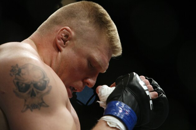 Brock Lesnar before his win over Randy Couture for the UFC World Heavyweight mixed martial art championship match Saturday, Nov. 15, 2008 in Las Vegas. (AP Photo/Eric Jamison)