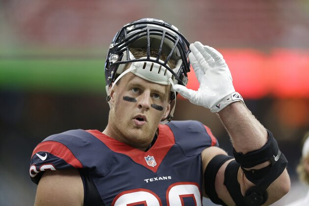 Houston Texans' J.J. Watt before an NFL preseason football game against the Atlanta Falcons, Saturday, Aug. 16, 2014, in Houston. (AP Photo/Patric Schneider) Houston Texans' J.J. Watt before an NFL preseason football game against the Atlanta Falcons, Saturday, Aug. 16, 2014, in Houston. (AP Photo/Patric Schneider)