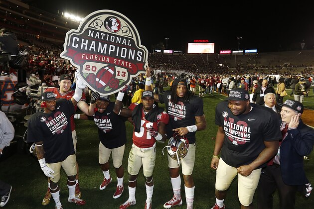 Florida State players celebrate after defeating Auburn University in the 2014 BCS Championship NCAA College Football game on Monday, Jan. 6, 2014 in Pasadena, Calif. Florida State defeated Auburn 34-31. (AP Photo/Doug Benc) Florida State players celebrate after defeating Auburn University in the 2014 BCS Championship NCAA College Football game on Monday, Jan. 6, 2014 in Pasadena, Calif. Florida State defeated Auburn 34-31. (AP Photo/Doug Benc)