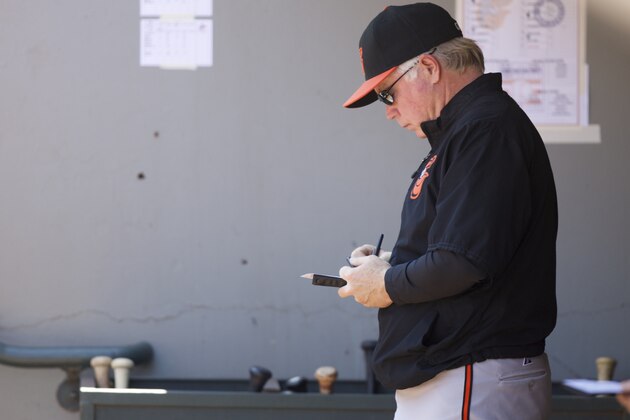 Baltimore Orioles manager Buck Showalter makes notes in the dugout during a baseball game against the Seattle Mariners in Seattle, Saturday, July 26, 2014. (AP Photo/Stephen Brashear)