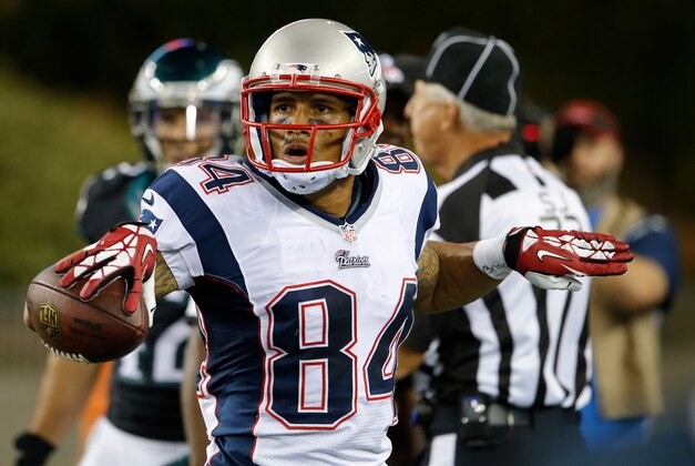 Aug 15, 2014; Foxborough, MA, USA; New England Patriots wide receiver Brian Tyms (84) reacts after a touchdown catch against the Philadelphia Eagles in the second half during the preseason game at Gillette Stadium. The New England Patriots defeated the Philadelphia Eagles 42-35. Mandatory Credit: David Butler II-USA TODAY Sports