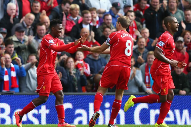 LIVERPOOL, ENGLAND - AUGUST 17:  Daniel Sturridge (L) of Liverpool celebrates his goal with Steven Gerrard during the Barclays Premier League match between Liverpool and Southampton at Anfield on August 17, 2014 in Liverpool, England.  (Photo by Alex Livesey/Getty Images)