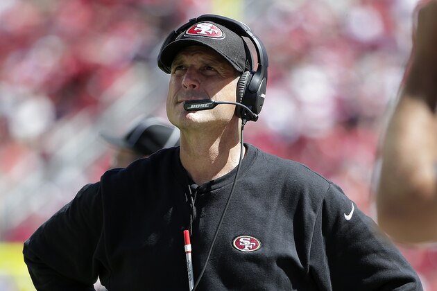 San Francisco 49ers head coach Jim Harbaugh watches from the sideline during the second half of an NFL preseason football game against the Denver Broncos in Santa Clara, Calif., Sunday, Aug. 17, 2014. (AP Photo/Marcio Jose Sanchez)