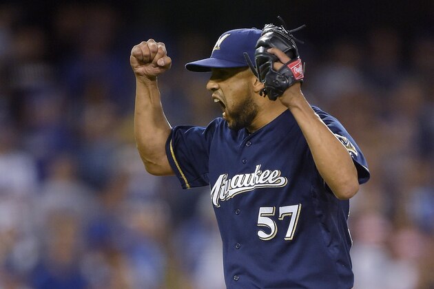 Milwaukee Brewers relief pitcher Francisco Rodriguez celebrates the last in the Brewers' 3-2 win over the Los Angeles Dodgers in a baseball game, Saturday, Aug. 16, 2014, in Los Angeles. (AP Photo/Mark J. Terrill)